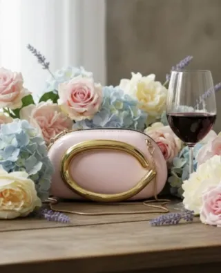 Bolso rosa con asa dorada