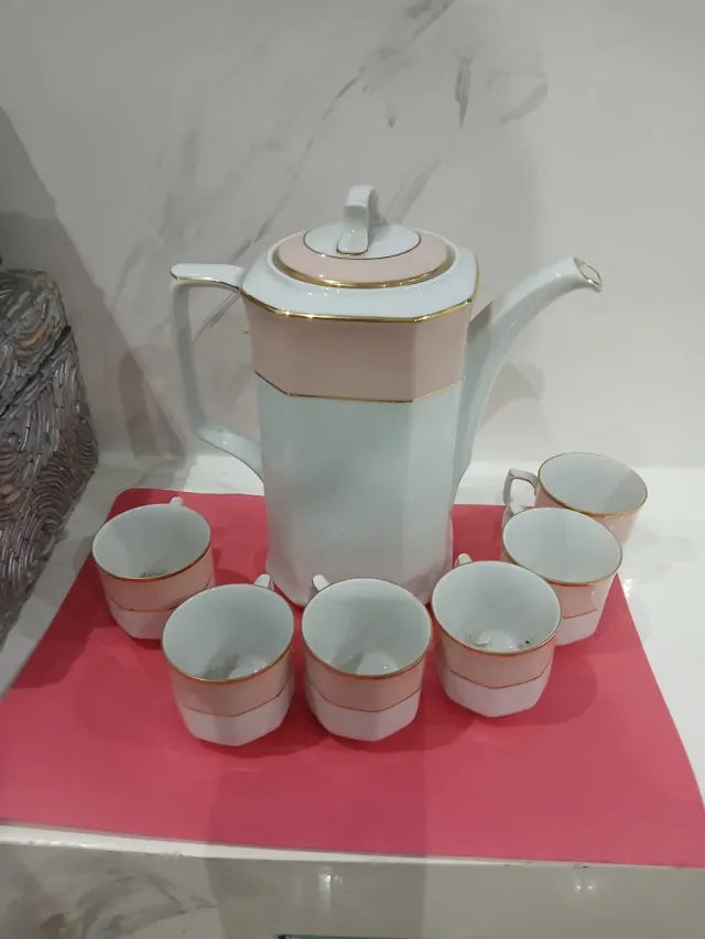 Juego café porcelana 6 tazas rosa y blanco