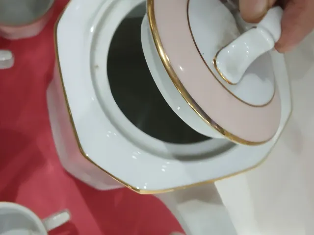 Juego café porcelana 6 tazas rosa y blanco