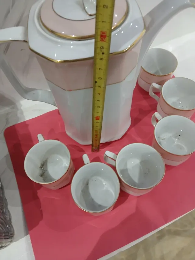 Juego café porcelana 6 tazas rosa y blanco