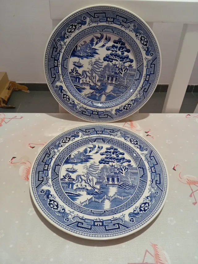 Juego de 2 Platos Vintage Porcelana Azul Blanco