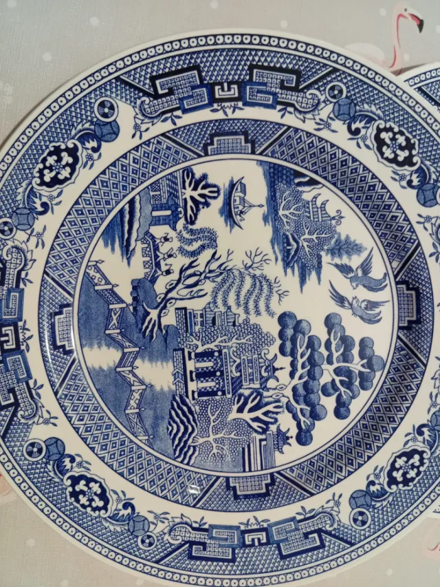 Juego de 2 Platos Vintage Porcelana Azul Blanco
