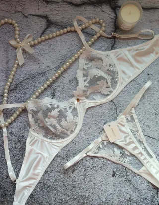 Conjunto sujetador y tanga encaje blanco.