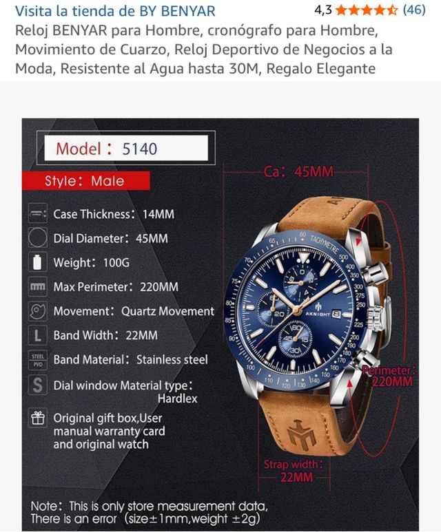 Reloj BENYAR Cronógrafo Hombre Negro/Dorado