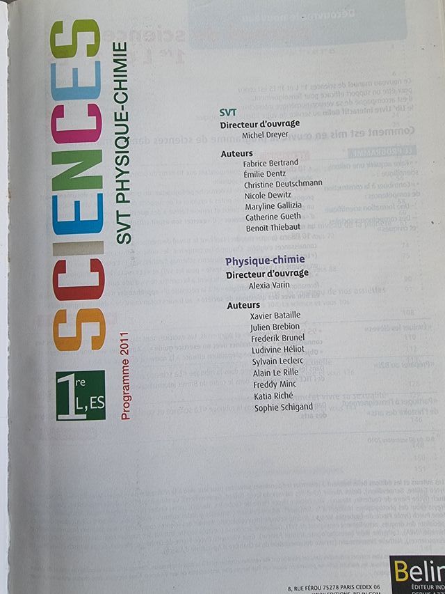 Sciences, SVT, physique-chimie, 1re L, ES progr...