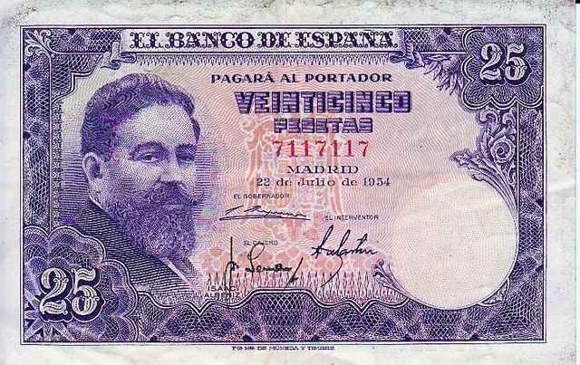 BIGLIETTO 25 PESETAS 1954. SENZA SERIE E CON CAPO