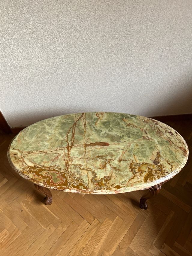 Mesa Centro Luis XV Madera Tapa Mármol Verde