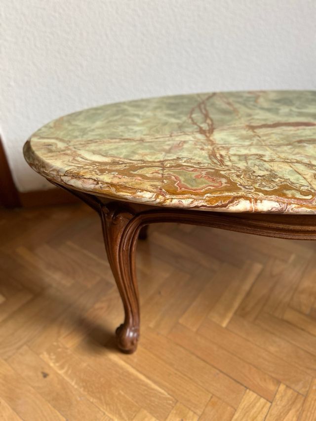 Mesa Centro Luis XV Madera Tapa Mármol Verde