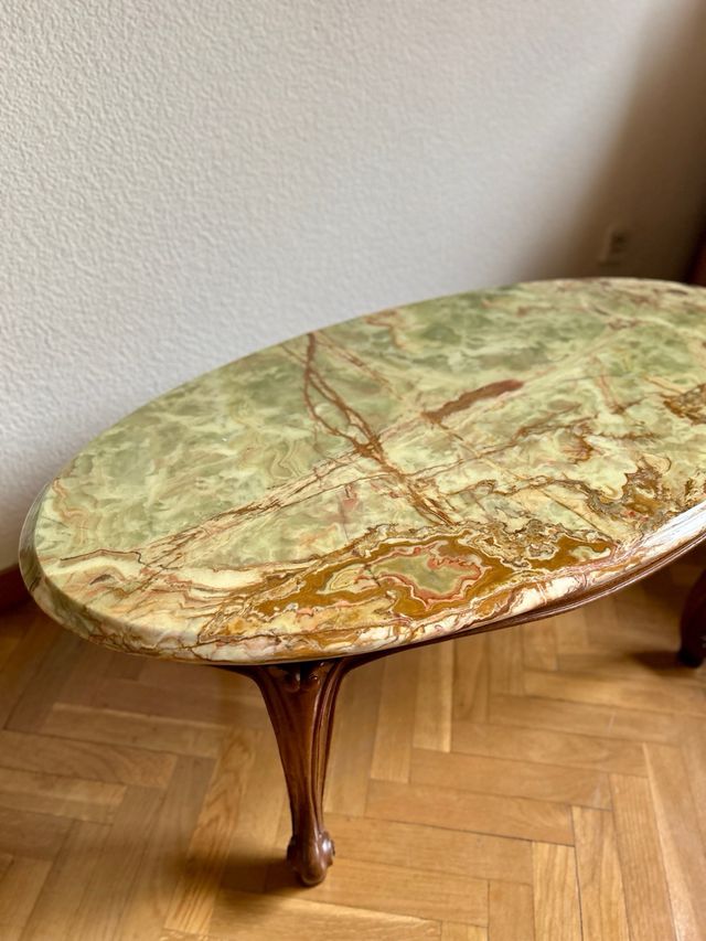 Mesa Centro Luis XV Madera Tapa Mármol Verde