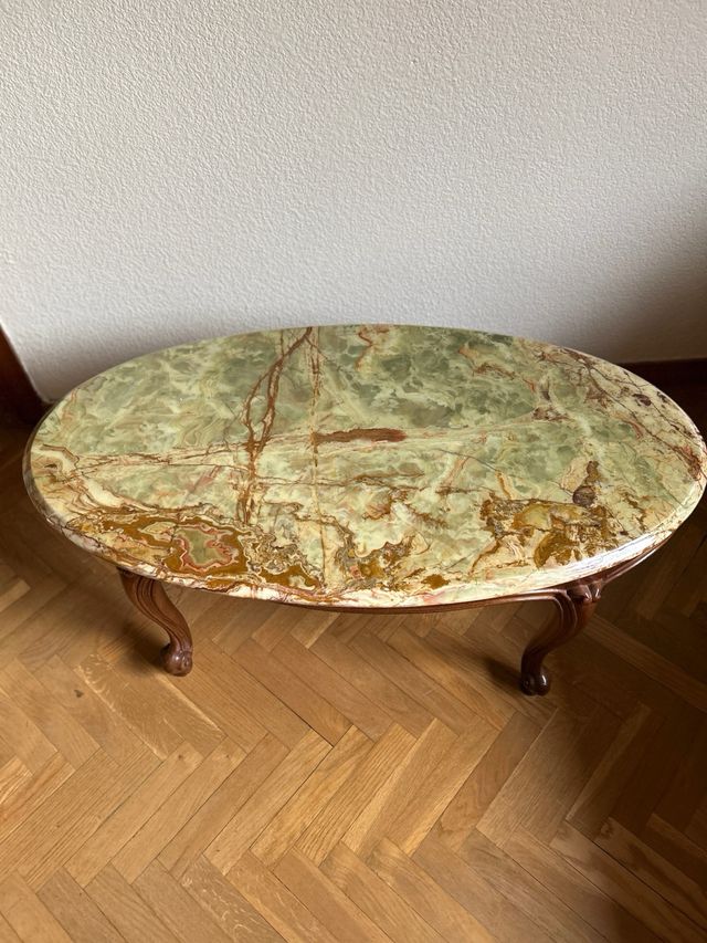 Mesa Centro Luis XV Madera Tapa Mármol Verde