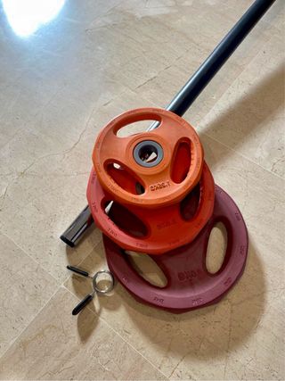 Barra de pesas con discos y topes.