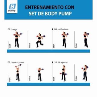 Barra de pesas con discos y topes.