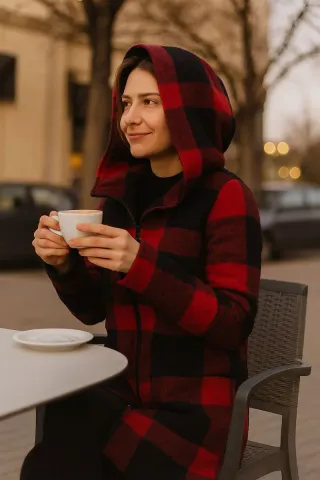 Sobretudo com Capuz Xadrez Vermelho e Preto