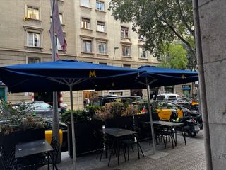 Terraza completa mesas, sombrillas y jardineras