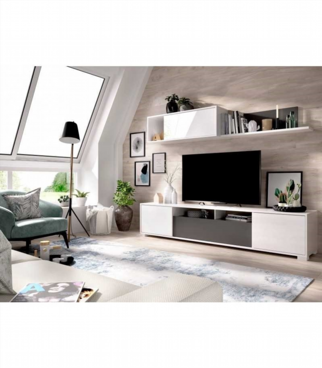 Mueble de Salón Tv. Blanco Brillo y Grafito