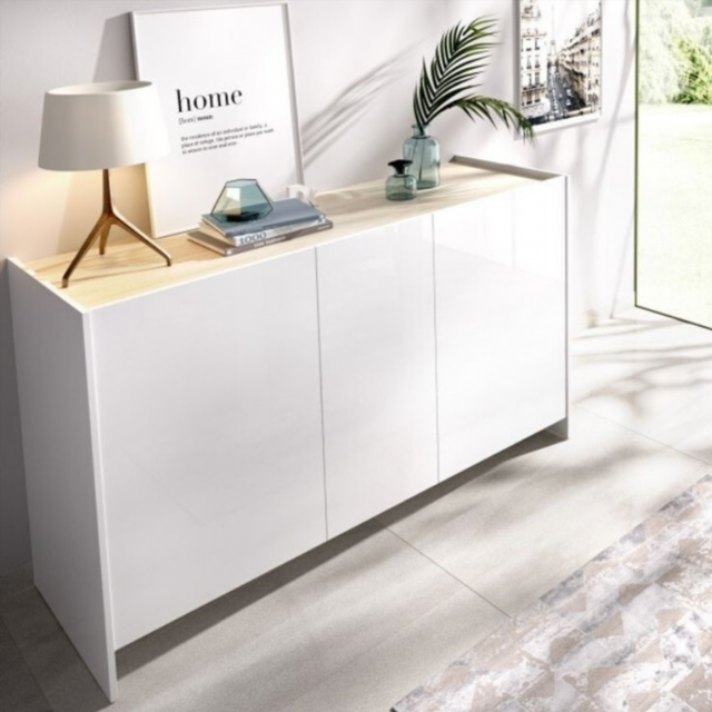 Aparador 3 puertas Kloe. Blanco/Natural