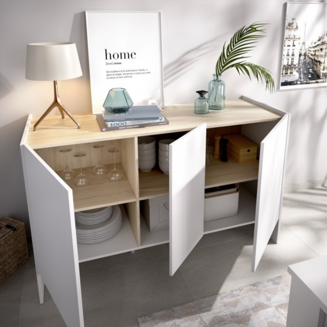 Aparador 3 puertas Kloe. Blanco/Natural