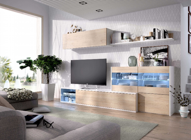 Mueble de Salón Tv Leds Rinconero. Blanco Brillo