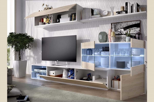Mueble de Salón Tv Leds Rinconero. Blanco Brillo