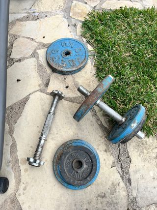 Banco de abdominales, mancuernas y pesas