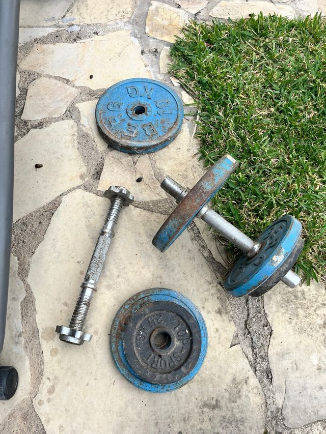 Banco de abdominales, mancuernas y pesas