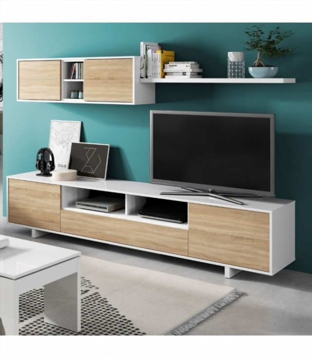 Mueble De Salón 200 Cm. Blanco Brillo/Roble Canad