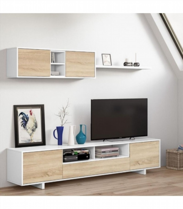 Mueble De Salón 200 Cm. Blanco Brillo/Roble Canad