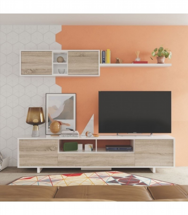 Mueble De Salón 200 Cm. Blanco Brillo/Roble Canad