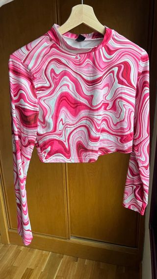 Top Shein manga larga estampado abstracto