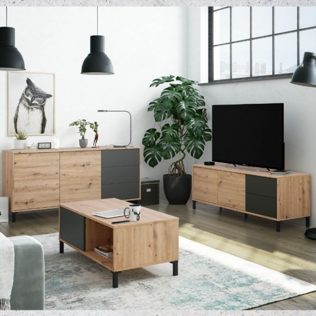 Aparador 2 Puertas 3 Cajones. Roble Nodi/Gris Ant