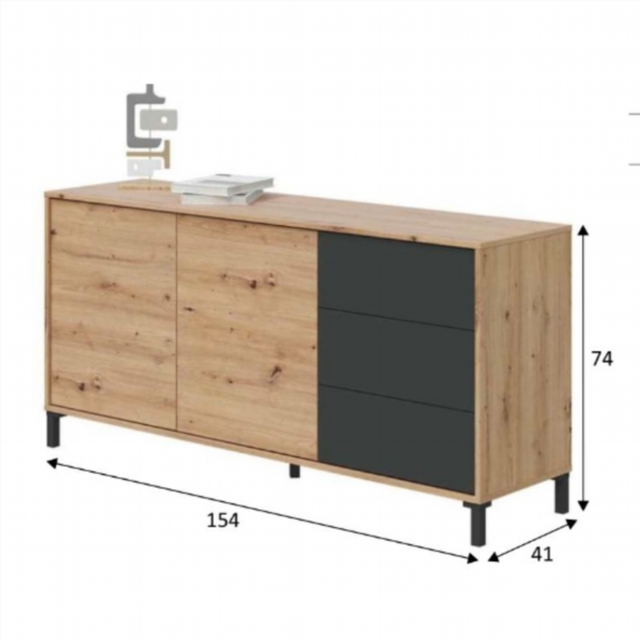 Aparador 2 Puertas 3 Cajones. Roble Nodi/Gris Ant