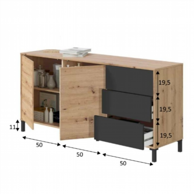 Aparador 2 Puertas 3 Cajones. Roble Nodi/Gris Ant