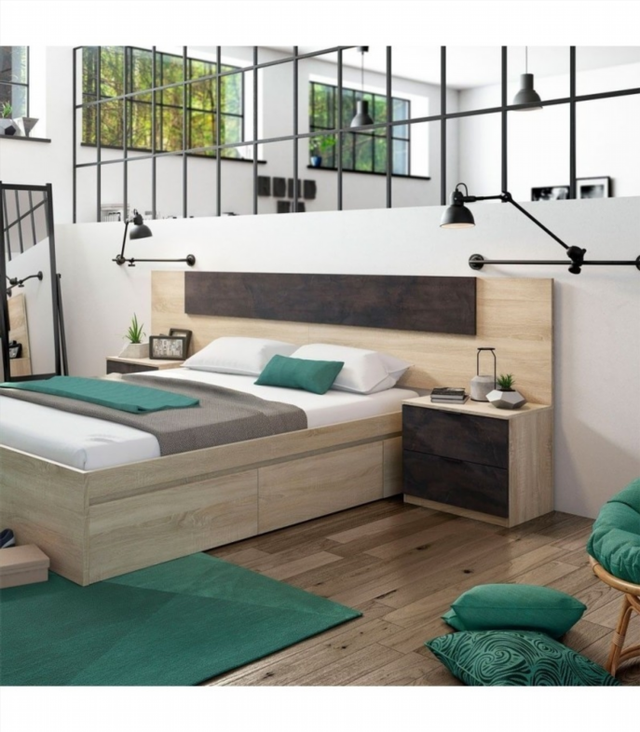 Cabecero y 2 Mesitas de Noche. Roble Canadian/Oxi