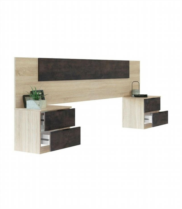 Cabecero y 2 Mesitas de Noche. Roble Canadian/Oxi