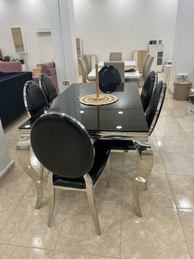 Mesa Comedor Cristal Negra y 6 Sillas
