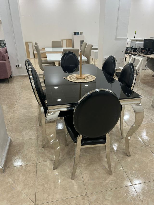 Mesa Comedor Cristal Negra y 6 Sillas