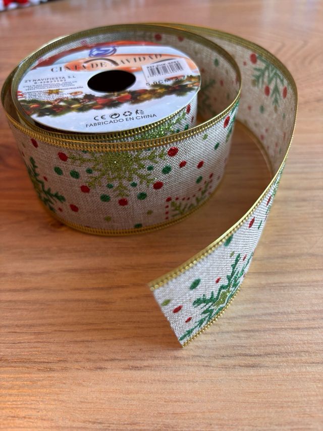 Cinta Decorativa Navideña Beige con Brillo, a:5cm