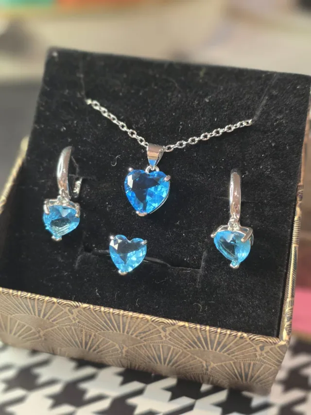 Conjunto Prata Coração Azul Topázio