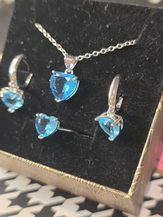 Conjunto Prata Coração Azul Topázio