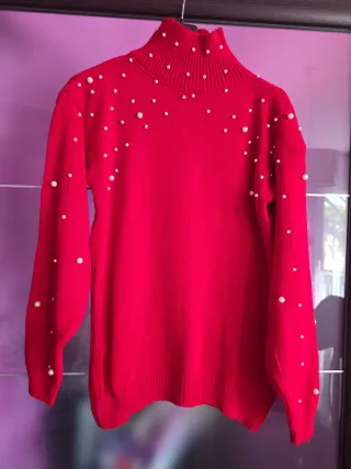 Maglione donna rosso con perle