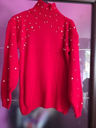 Maglione donna rosso con perle