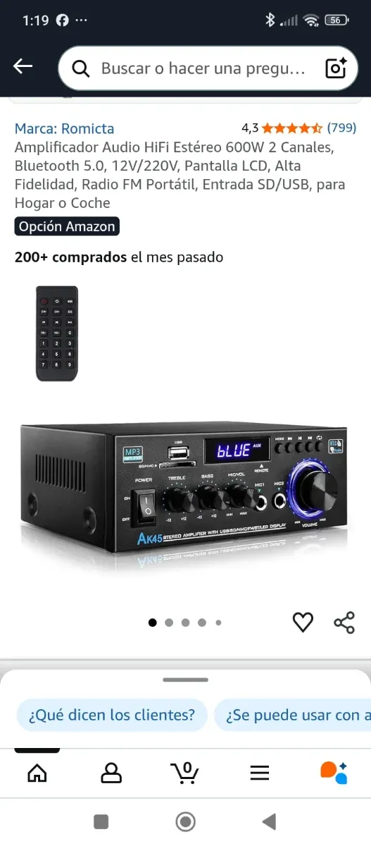 Amplificador Audio HiFi Romicta 600W Bluetooth