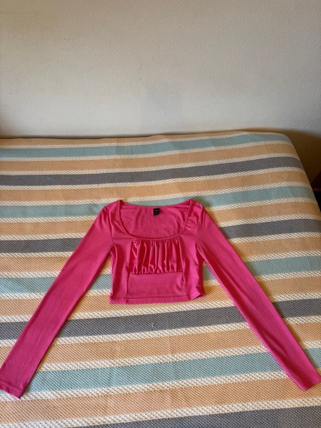 Top rosa manga larga fruncido