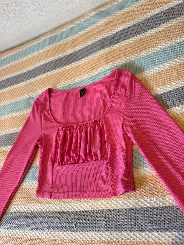 Top rosa manga larga fruncido