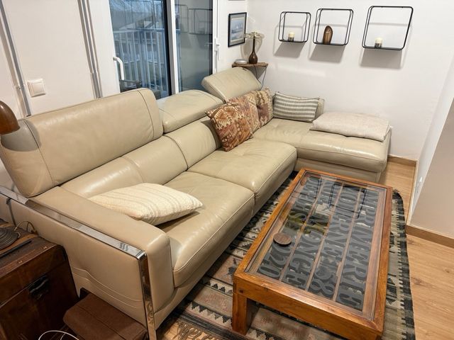 Sofá modular de piel beige/crema