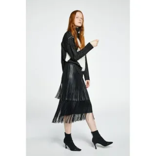 Falda Sfera polipiel negra flecos midi
