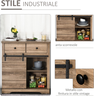 Credenza con 2 Cassetti, Ripiani Aperti e Portabot