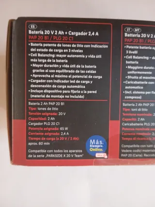 Parkside Batería 20V 2Ah + Cargador 2.4A