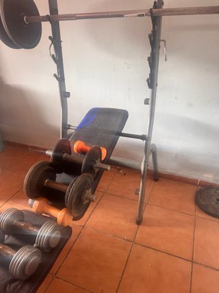 Banco Domyos + pack mancuernas y discos