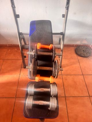 Banco Domyos + pack mancuernas y discos